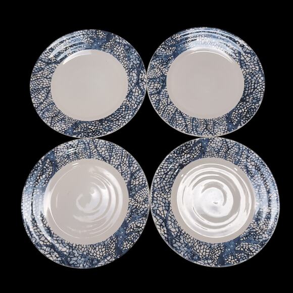 Pier 1 One Sea Adventure Set Of 4 Coral Blue White Dinner Plates Ironstone Beach - Picture 1 of 11